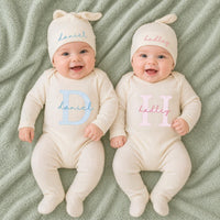 Personalized Twin Coming Home Outfits with Custom Names Pink and Blue Design Newborn Baby Gift Set Bodysuit and Hat for Boy and Girl Twins