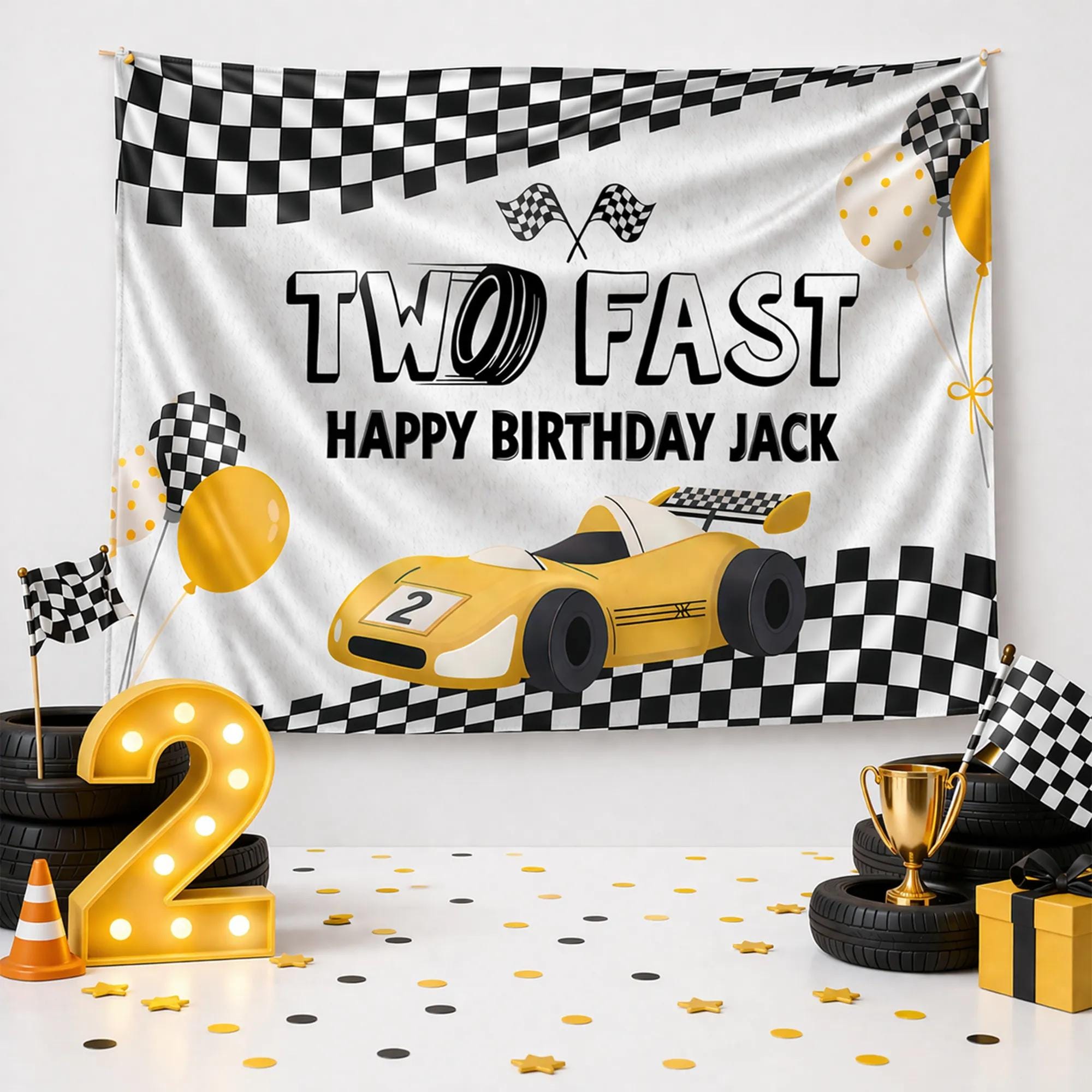 Personalized Two Fast Birthday Banner Race Car Theme with Name Jack Checkered Flag Decor Custom 2nd Birthday Party Sign for Toddlers