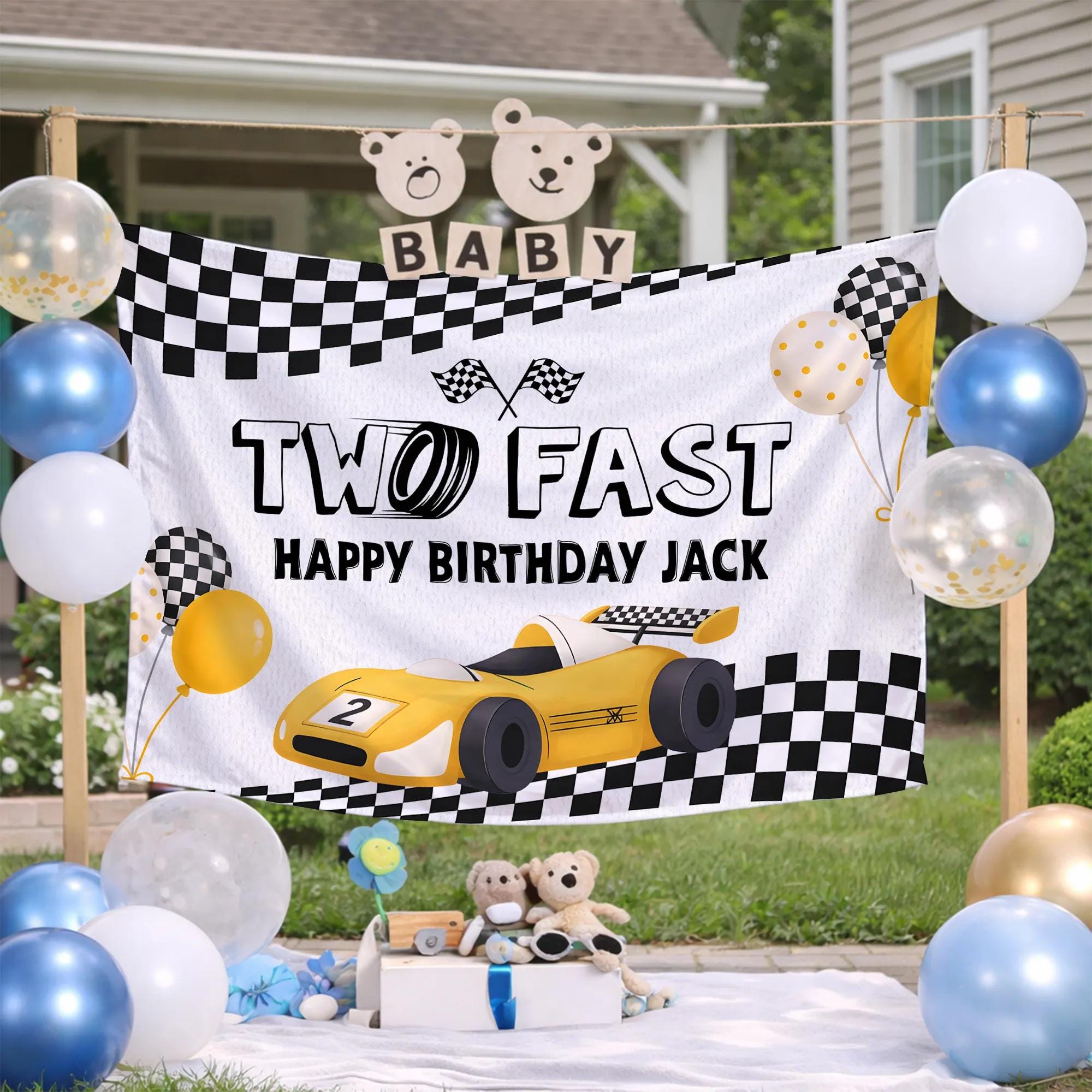 Personalized Two Fast Birthday Banner Race Car Theme with Name Jack Checkered Flag Decor Custom 2nd Birthday Party Sign for Toddlers