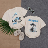 Personalized Two Fast Race Car Romper for Boys Birthday Outfit Fun Jayden Design Blue Checkered Cotton Comfortable Party Gift