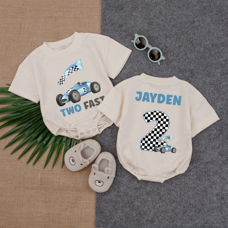 Personalized Two Fast Race Car Romper for Boys Birthday Outfit Fun Jayden Design Blue Checkered Cotton Comfortable Party Gift