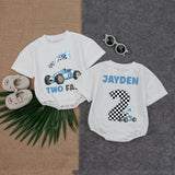 Personalized Two Fast Race Car Romper for Boys Birthday Outfit Fun Jayden Design Blue Checkered Cotton Comfortable Party Gift