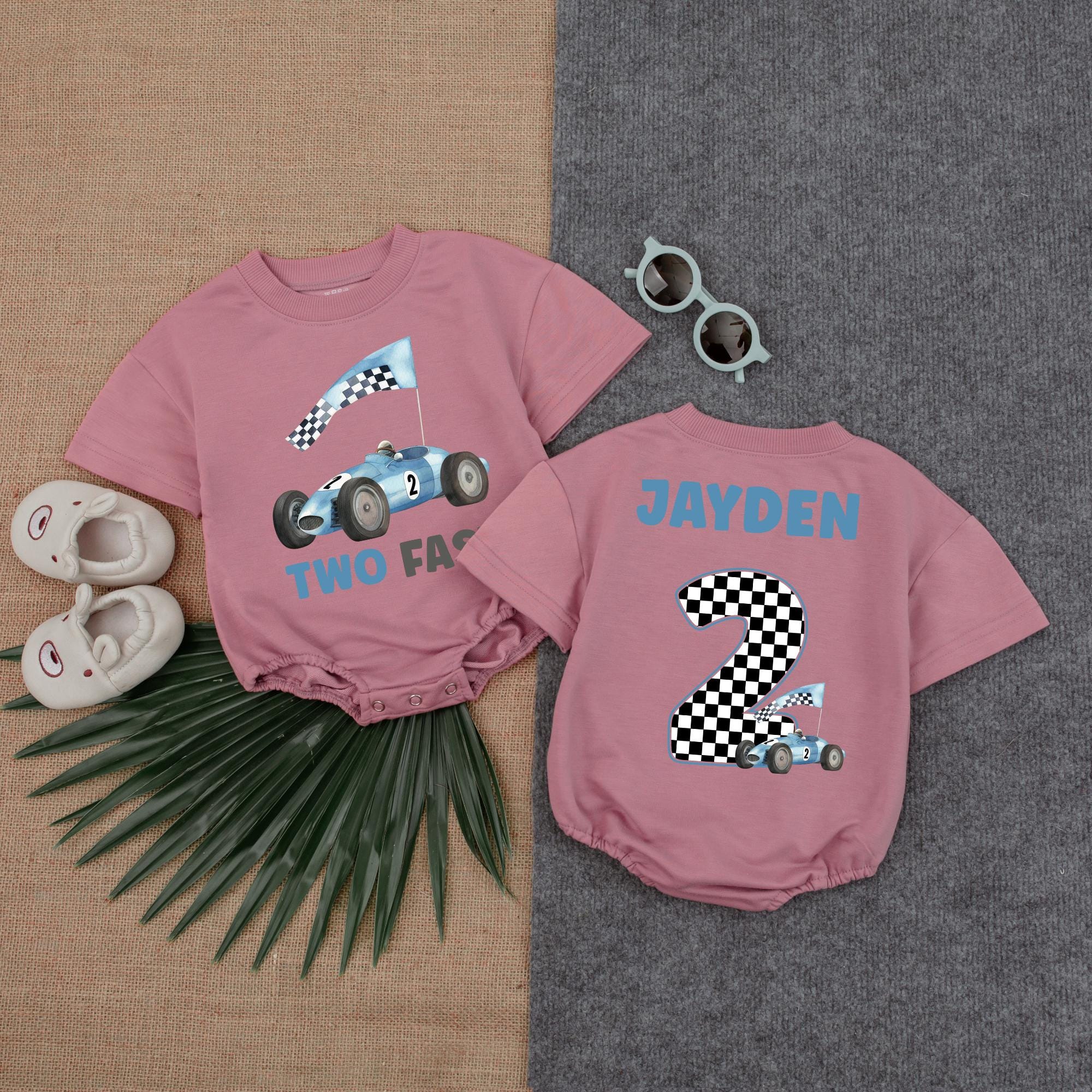 Personalized Two Fast Race Car Romper for Boys Birthday Outfit Fun Jayden Design Blue Checkered Cotton Comfortable Party Gift