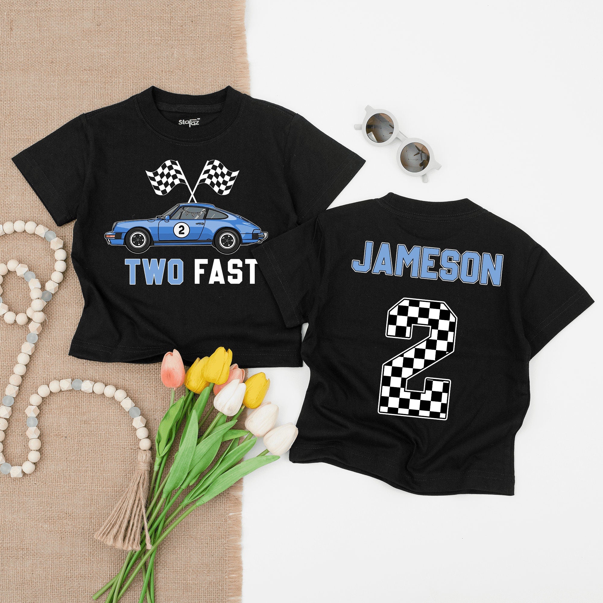 Personalized Two Fast Toddler Birthday Shirt with Race Car, Racing Flags and Checkered Number 2, Custom Outfit for Boys Party Fun