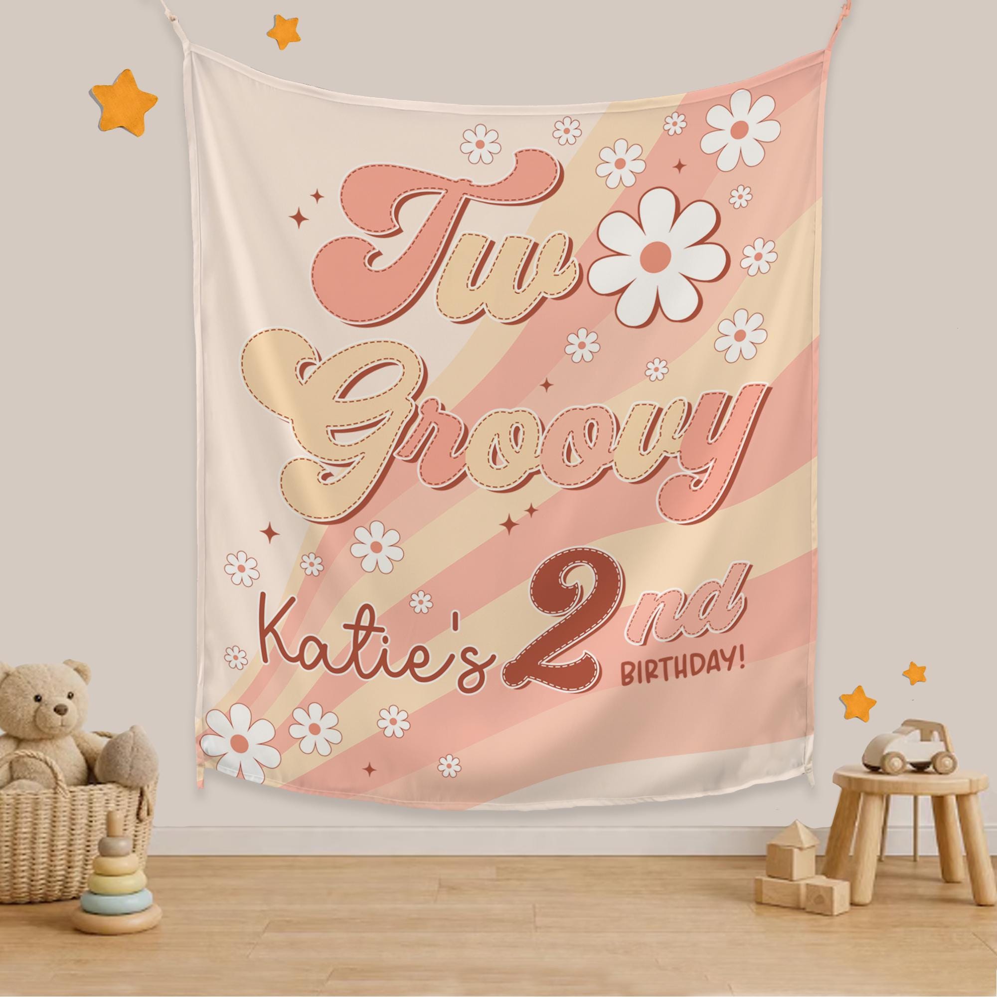 Personalized Two Groovy Birthday Banner Retro Daisy 2nd Party Backdrop Boho Chic Floral Wall Decor for Toddler Girl Celebration