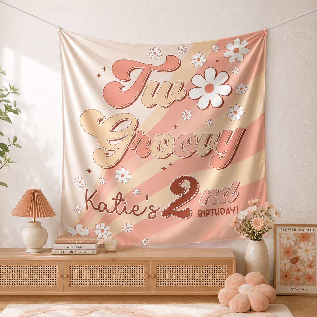 Personalized Two Groovy Birthday Banner Retro Daisy 2nd Party Backdrop Boho Chic Floral Wall Decor for Toddler Girl Celebration