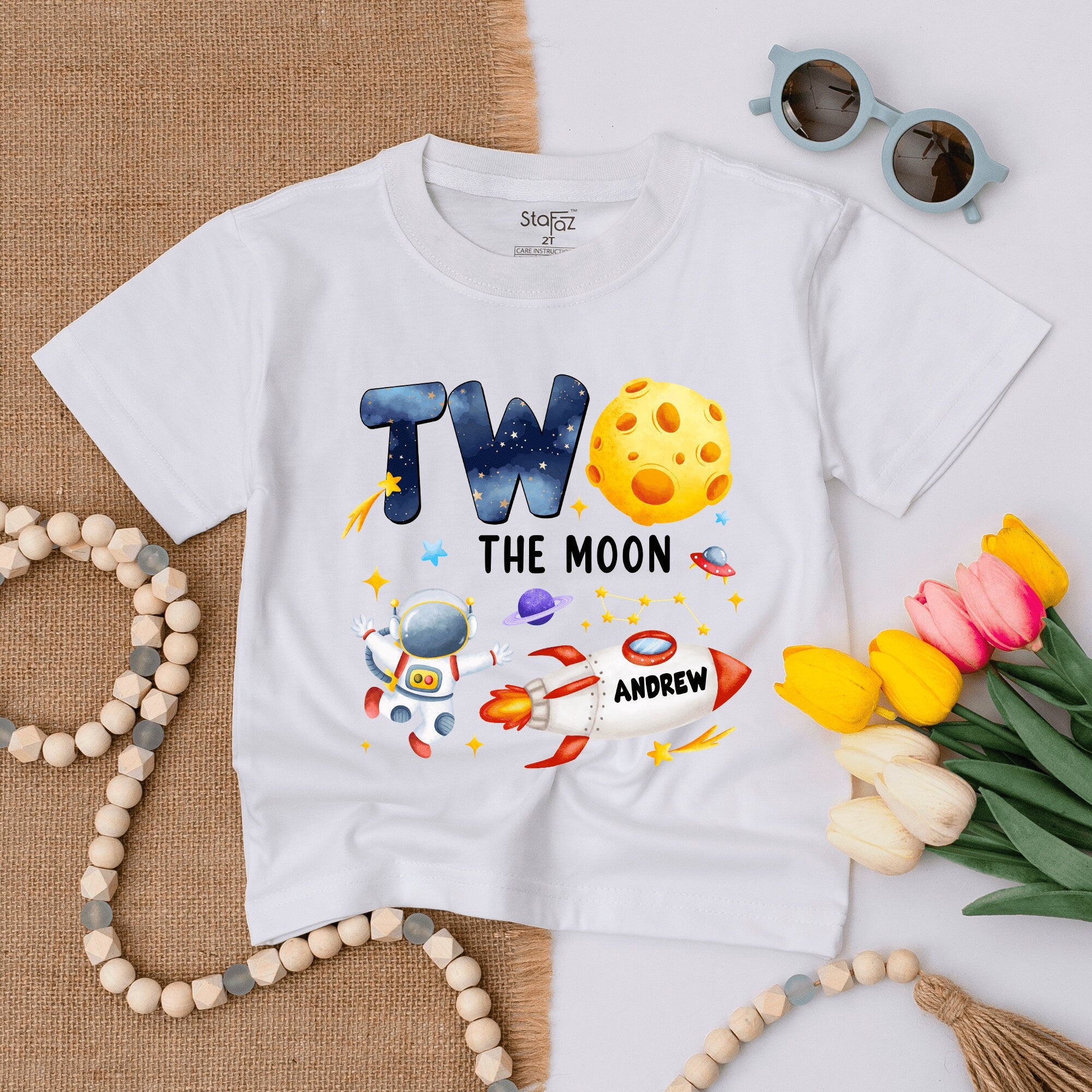Personalized Two the Moon Toddler Birthday Shirt with Astronaut Rocket and Name Custom Space Theme Outfit for Boys Party Celebration