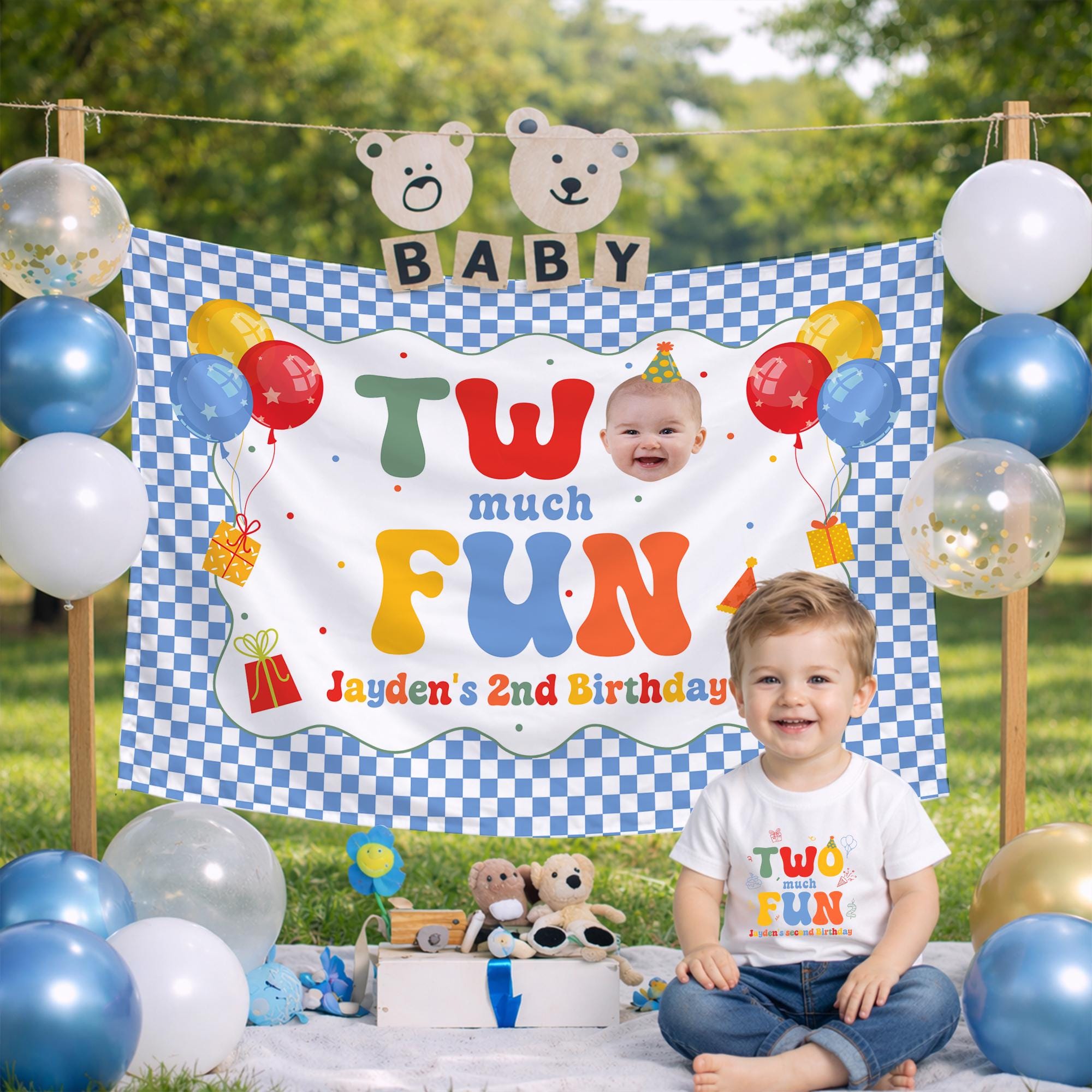 Personalized Two Much Fun 2nd Birthday Banner for Toddler Boy Party, Playful Backdrop Decoration or Outfit, Custom Name Birthday Gift