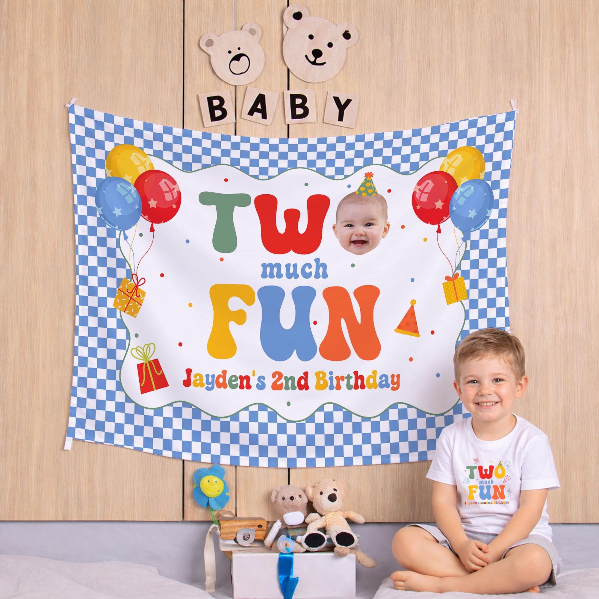 Personalized Two Much Fun 2nd Birthday Banner for Toddler Boy Party, Playful Backdrop Decoration or Outfit, Custom Name Birthday Gift