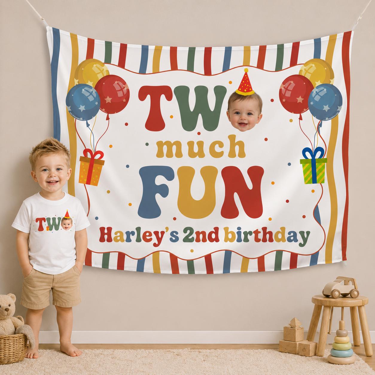 Personalized Two Much Fun Birthday Outfit with Retro Colors and Baby Face Design, Custom 2nd Birthday Tee and Party Banner for Toddlers
