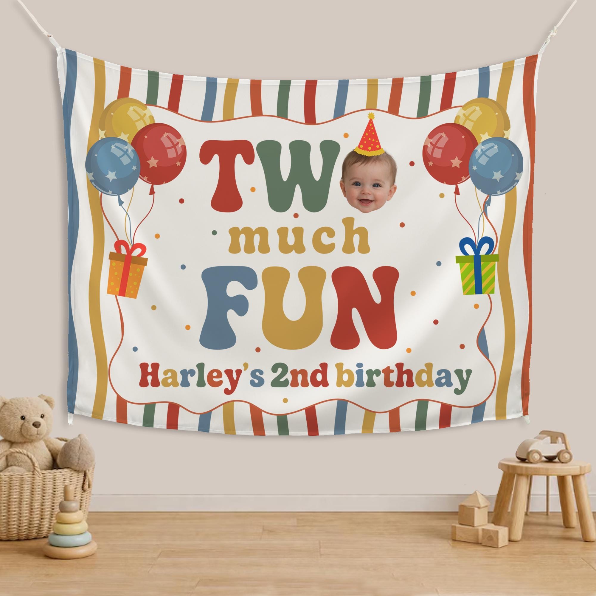 Personalized Two Much Fun Birthday Outfit with Retro Colors and Baby Face Design, Custom 2nd Birthday Tee and Party Banner for Toddlers