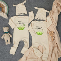 Personalized Two Peas in a Pod Baby Bodysuit Set with Matching Hats Custom Names Twin Outfit Sweet Green Pea Design Perfect Gift for Twins
