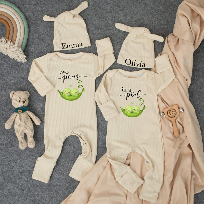 Personalized Two Peas in a Pod Baby Bodysuit Set with Matching Hats Custom Names Twin Outfit Sweet Green Pea Design Perfect Gift for Twins