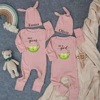 Personalized Two Peas in a Pod Baby Bodysuit Set with Matching Hats Custom Names Twin Outfit Sweet Green Pea Design Perfect Gift for Twins