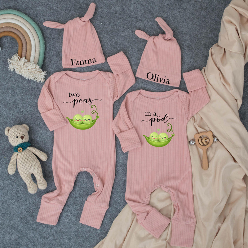 Personalized Two Peas in a Pod Baby Bodysuit Set with Matching Hats Custom Names Twin Outfit Sweet Green Pea Design Perfect Gift for Twins