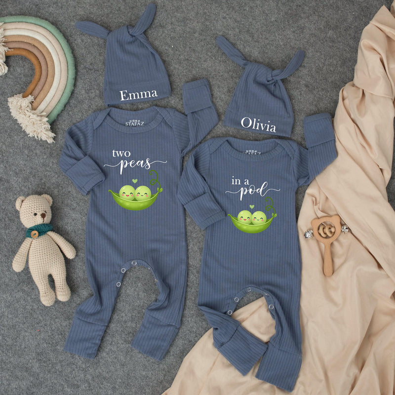 Personalized Two Peas in a Pod Baby Bodysuit Set with Matching Hats Custom Names Twin Outfit Sweet Green Pea Design Perfect Gift for Twins