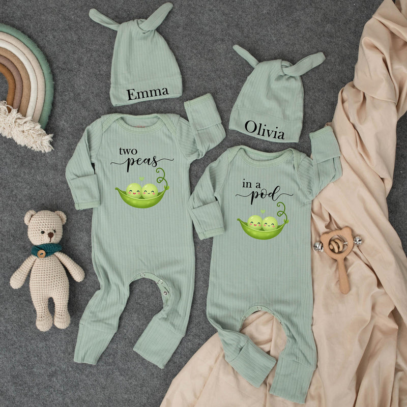 Personalized Two Peas in a Pod Baby Bodysuit Set with Matching Hats Custom Names Twin Outfit Sweet Green Pea Design Perfect Gift for Twins