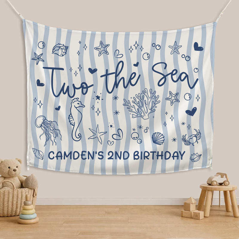 Personalized Two the Sea Birthday Backdrop with Ocean Life Design Custom Blue Stripes Decoration for Toddler Party Celebration