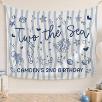 Personalized Two the Sea Birthday Backdrop with Ocean Life Design Custom Blue Stripes Decoration for Toddler Party Celebration