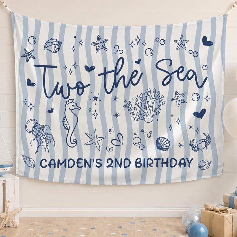 Personalized Two the Sea Birthday Backdrop with Ocean Life Design Custom Blue Stripes Decoration for Toddler Party Celebration