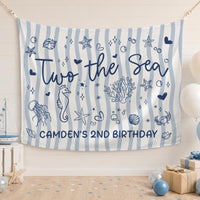 Personalized Two the Sea Birthday Backdrop with Ocean Life Design Custom Blue Stripes Decoration for Toddler Party Celebration