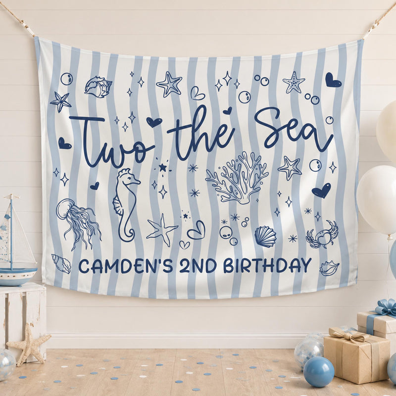 Personalized Two the Sea Birthday Backdrop with Ocean Life Design Custom Blue Stripes Decoration for Toddler Party Celebration