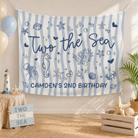 Personalized Two the Sea Birthday Backdrop with Ocean Life Design Custom Blue Stripes Decoration for Toddler Party Celebration