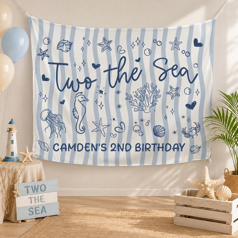 Personalized Two the Sea Birthday Backdrop with Ocean Life Design Custom Blue Stripes Decoration for Toddler Party Celebration
