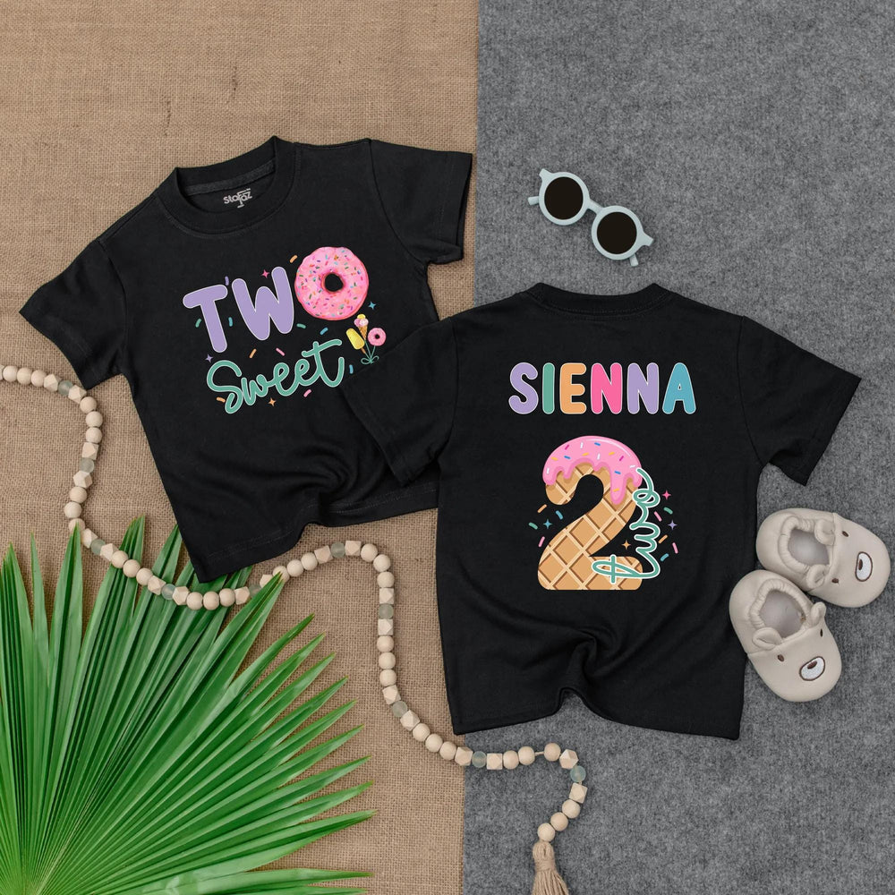Personalized Two Sweet Toddler Birthday Shirt with Donut and Ice Cream Design Custom Name 2nd Birthday Gift for Girls or Boys Party Outfit