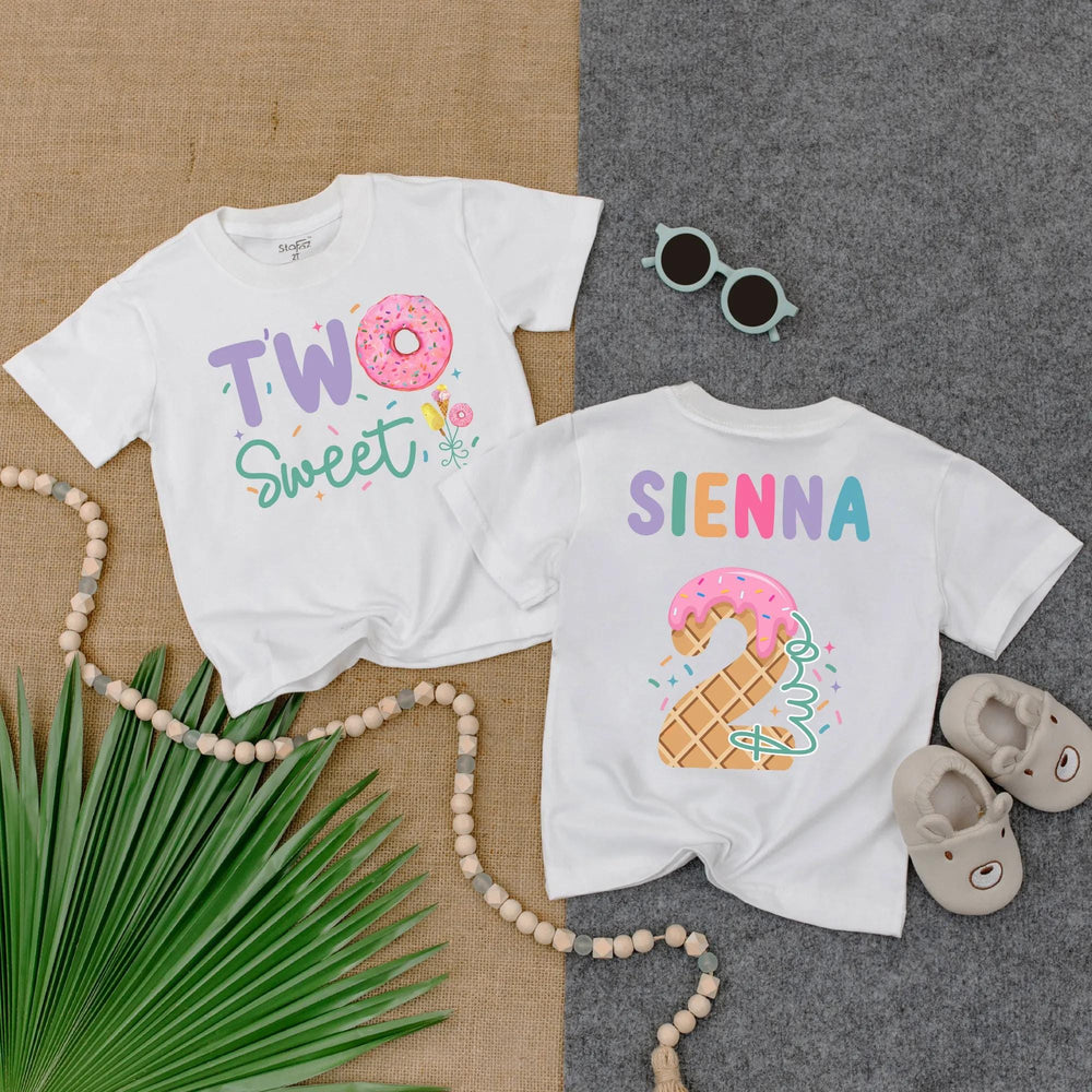 Personalized Two Sweet Toddler Birthday Shirt with Donut and Ice Cream Design Custom Name 2nd Birthday Gift for Girls or Boys Party Outfit