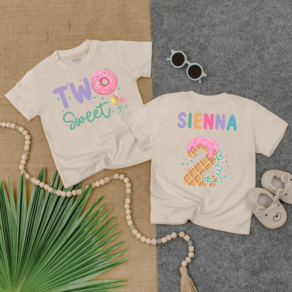 Personalized Two Sweet Toddler Birthday Shirt with Donut and Ice Cream Design Custom Name 2nd Birthday Gift for Girls or Boys Party Outfit