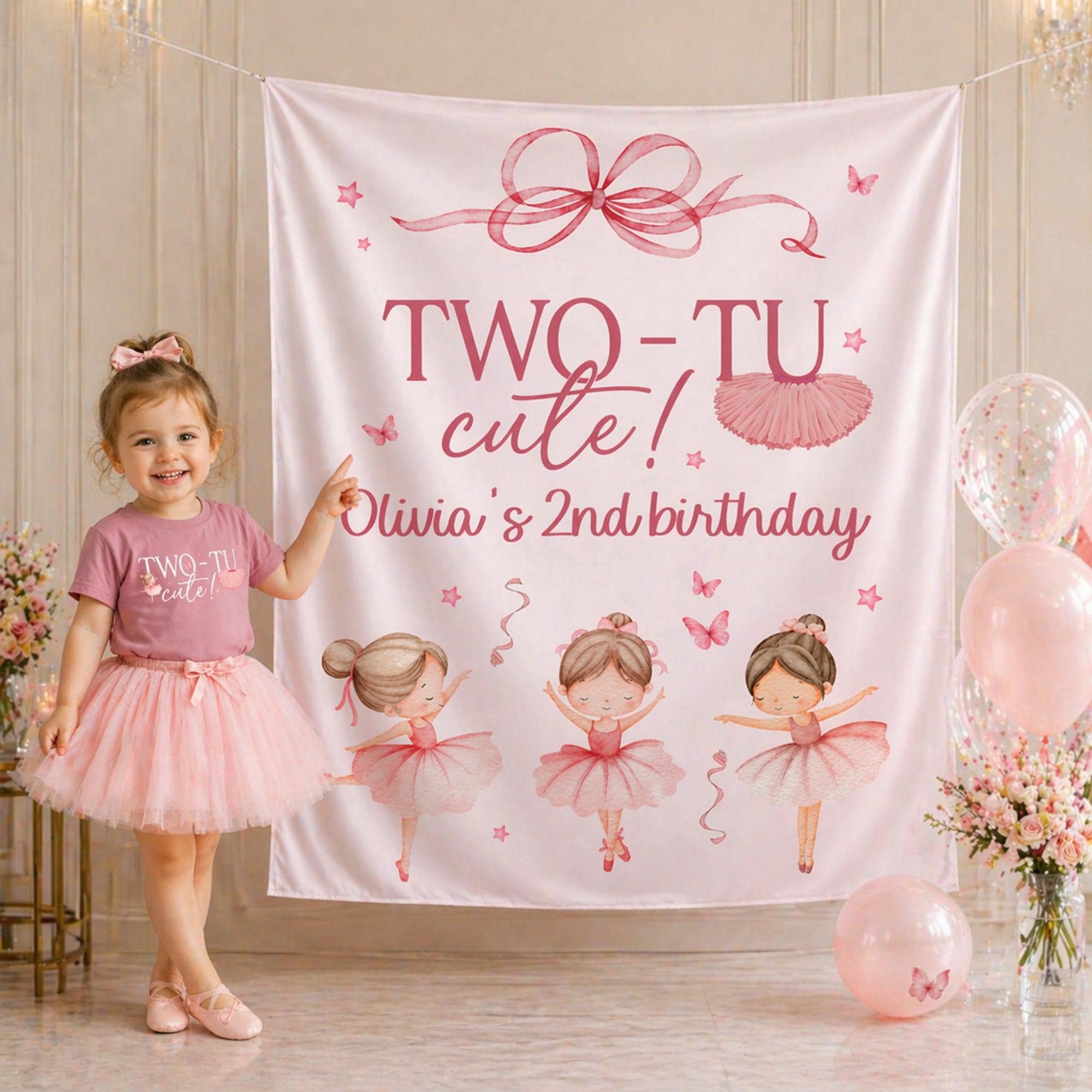 Personalized Two-Tu Cute Birthday Banner and Tee for Girls, Custom Name Ballerina 2nd Birthday Party Backdrop and Tutu Cake Smash Outfit
