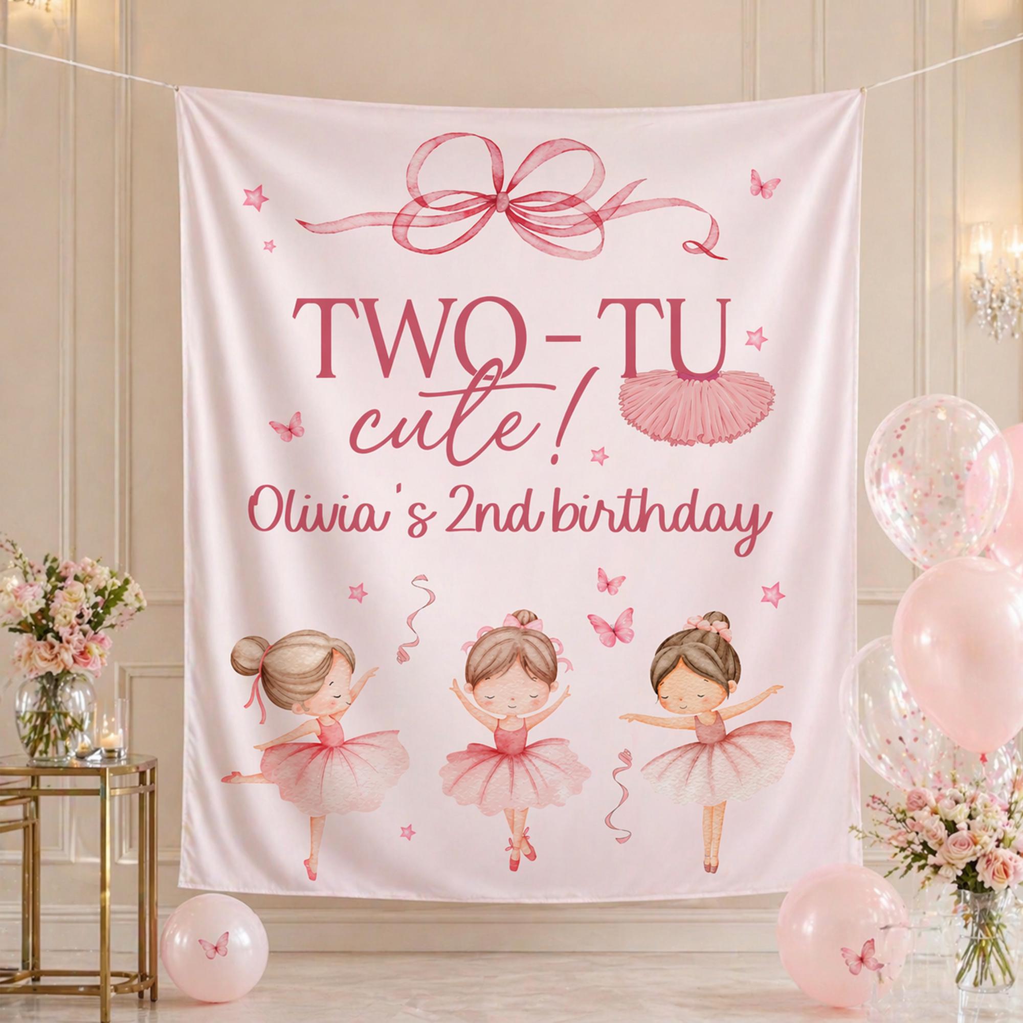 Personalized Two-Tu Cute Birthday Banner and Tee for Girls, Custom Name Ballerina 2nd Birthday Party Backdrop and Tutu Cake Smash Outfit