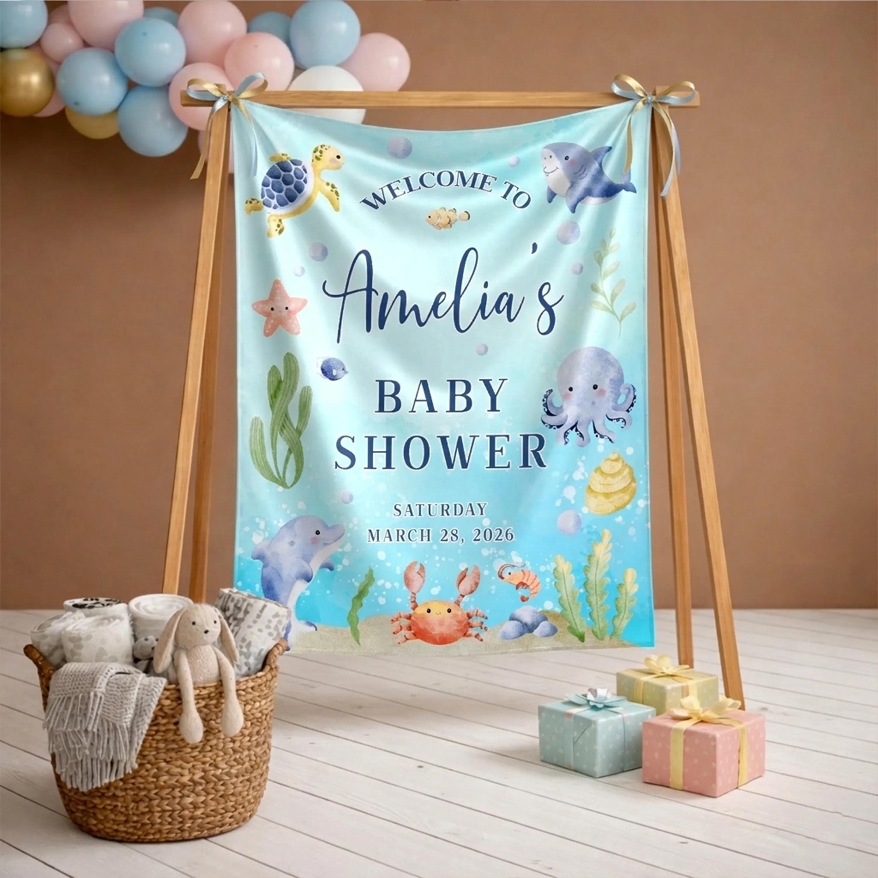 Personalized Under the Sea Baby Shower Welcome Banner with Ocean Animals Design, Custom Silk Party Sign for Gender Neutral Celebration