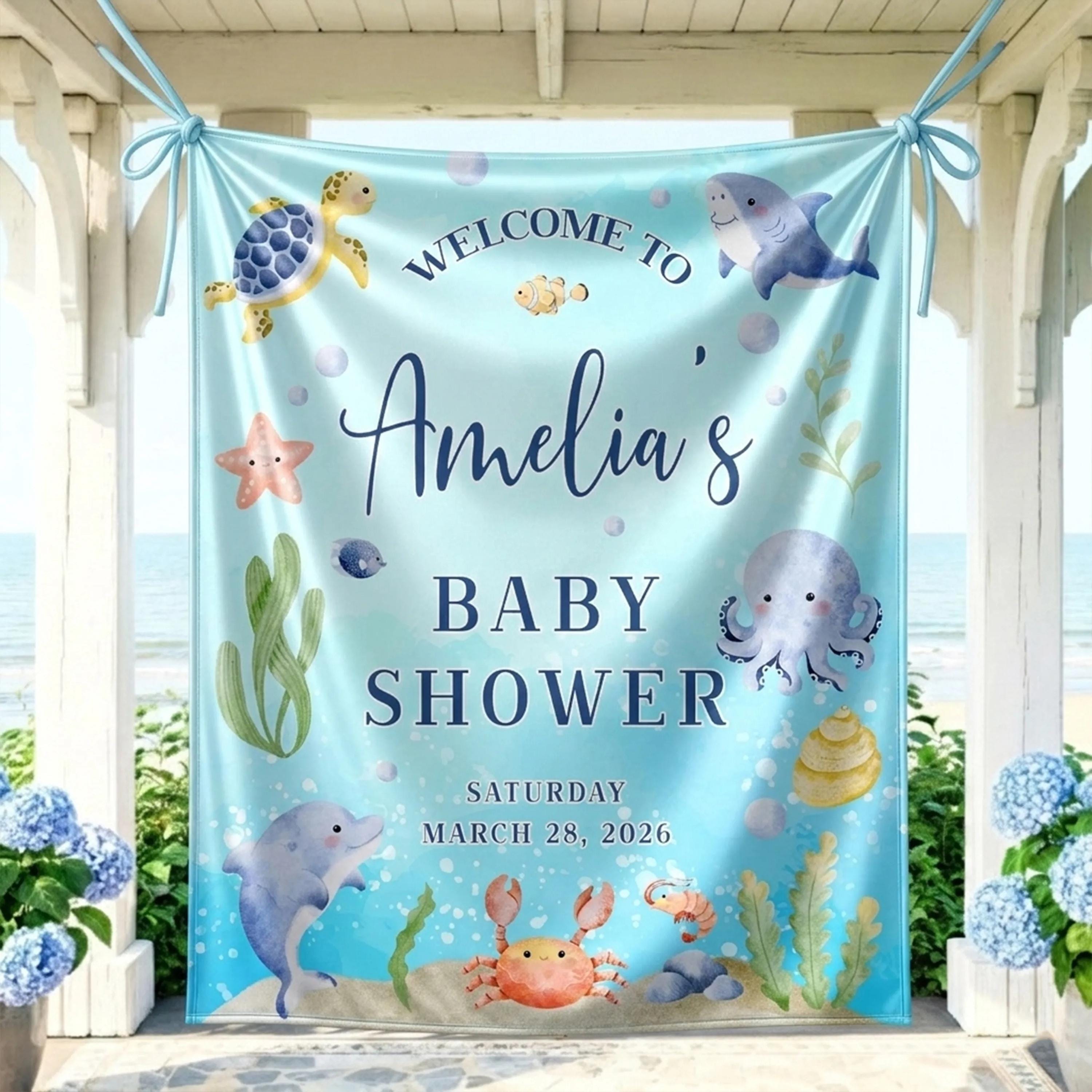 Personalized Under the Sea Baby Shower Welcome Banner with Ocean Animals Design, Custom Silk Party Sign for Gender Neutral Celebration