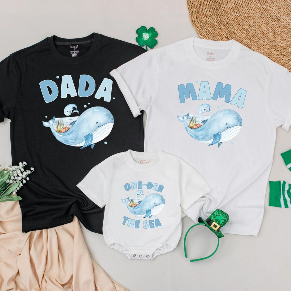 Personalized Under the Sea Family Shirts with Whale Design, Baby Romper Birthday Outfit, Ocean Animals Theme for Boy or Toddler First Party