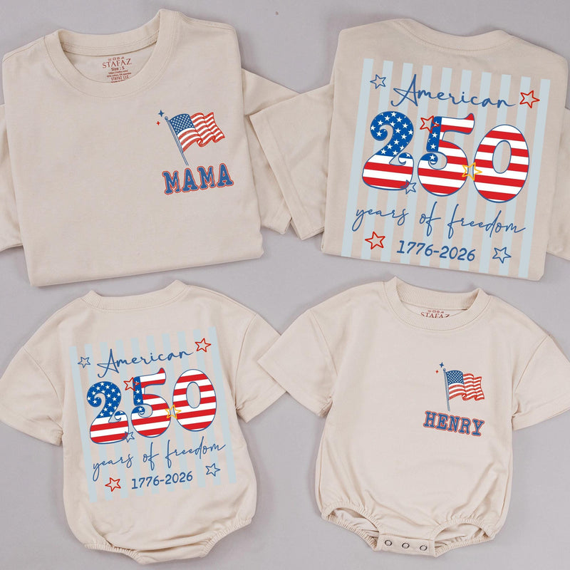 Personalized USA 250th Anniversary Shirts Front and Back, Patriotic 4th of July Family Outfits, Custom Independence Day Tees for All Ages