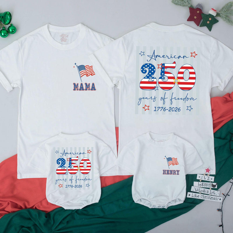 Personalized USA 250th Anniversary Shirts Front and Back, Patriotic 4th of July Family Outfits, Custom Independence Day Tees for All Ages