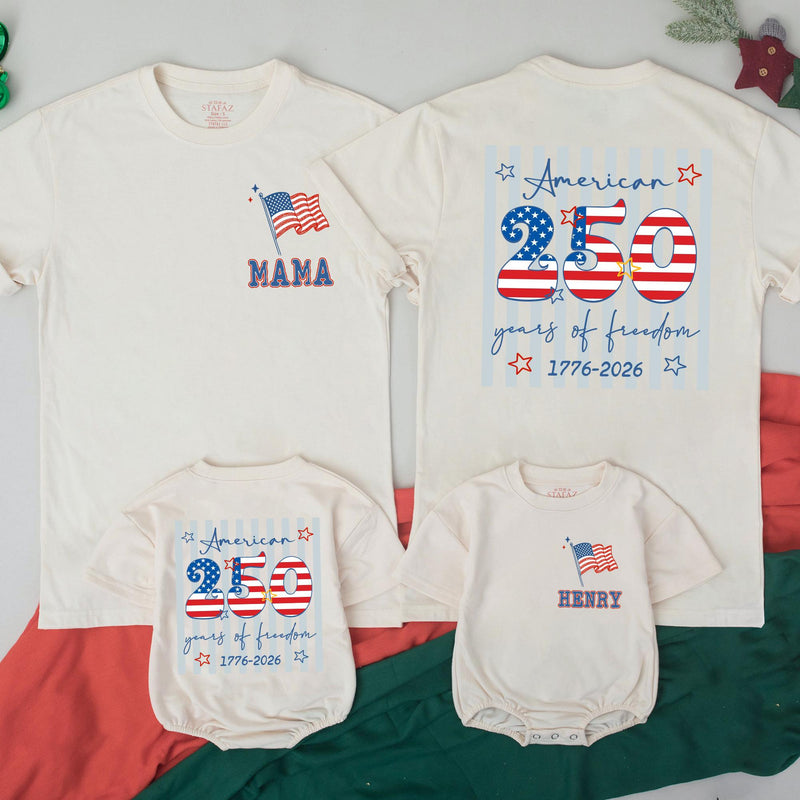 Personalized USA 250th Anniversary Shirts Front and Back, Patriotic 4th of July Family Outfits, Custom Independence Day Tees for All Ages