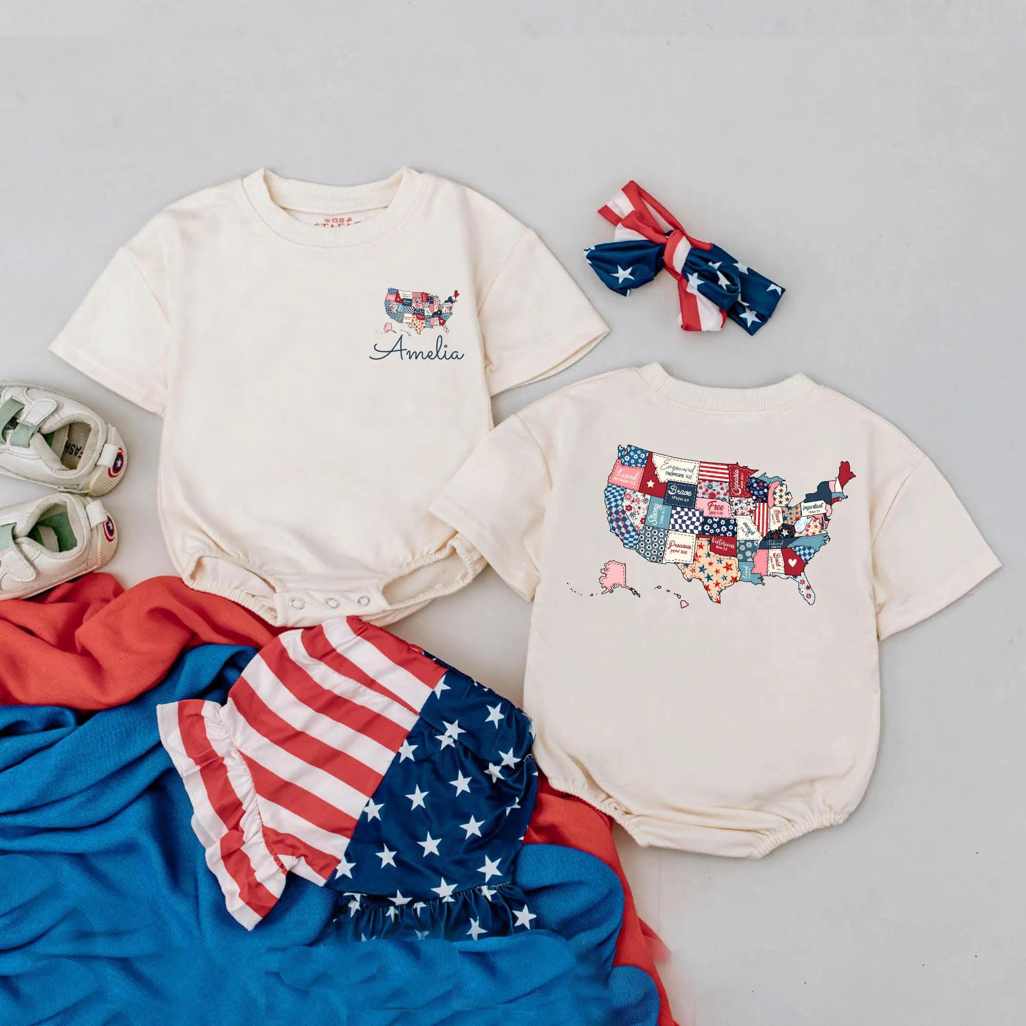 Personalized USA Map Baby Romper Patriotic Red White Blue 4th of July Outfit Custom Name Boys Girls Gift Comfortable Cotton Wear