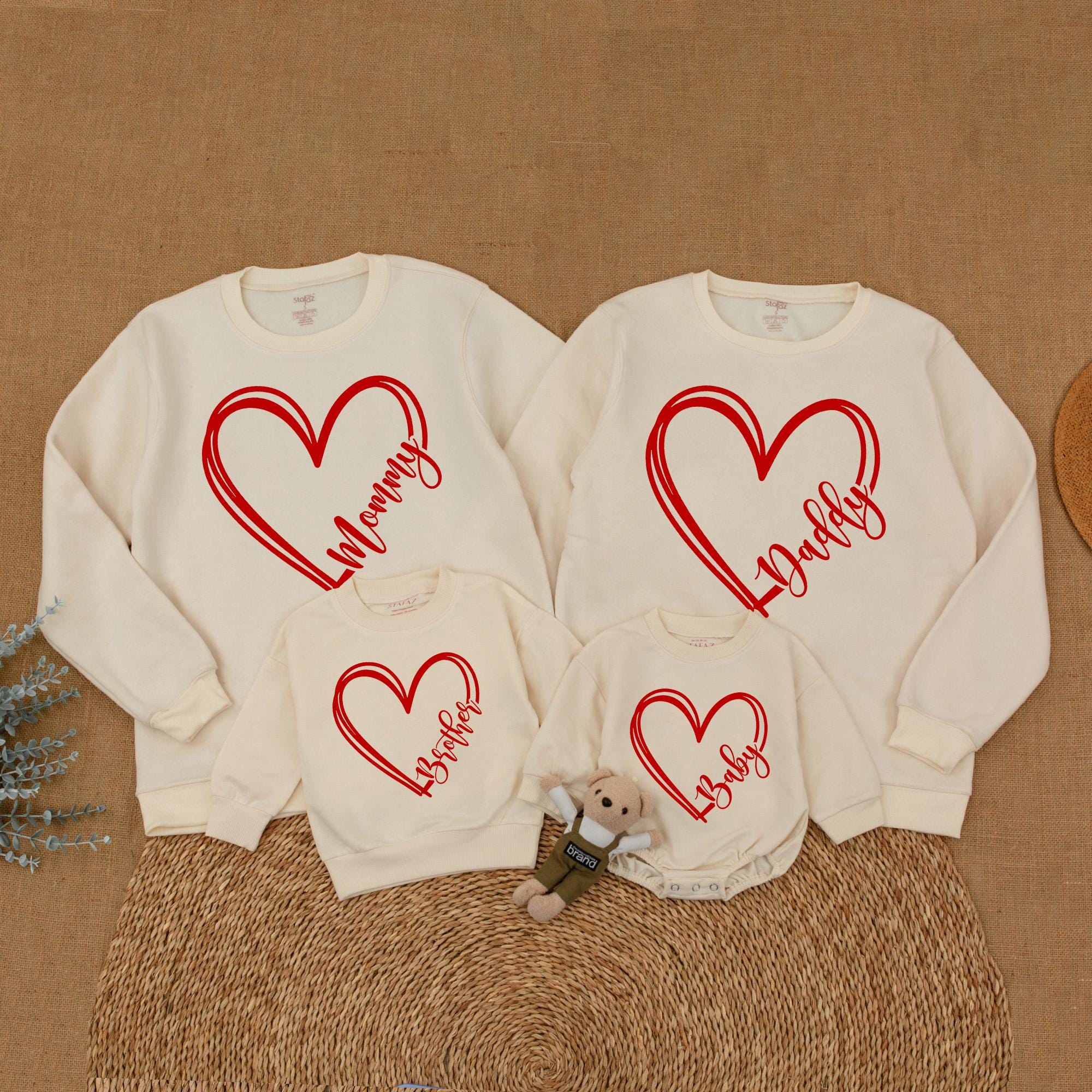 Personalized Valentine Family Sweatshirts with Heart Design Matching Mommy Daddy Baby Sister Shirts Custom Names Cozy Gift