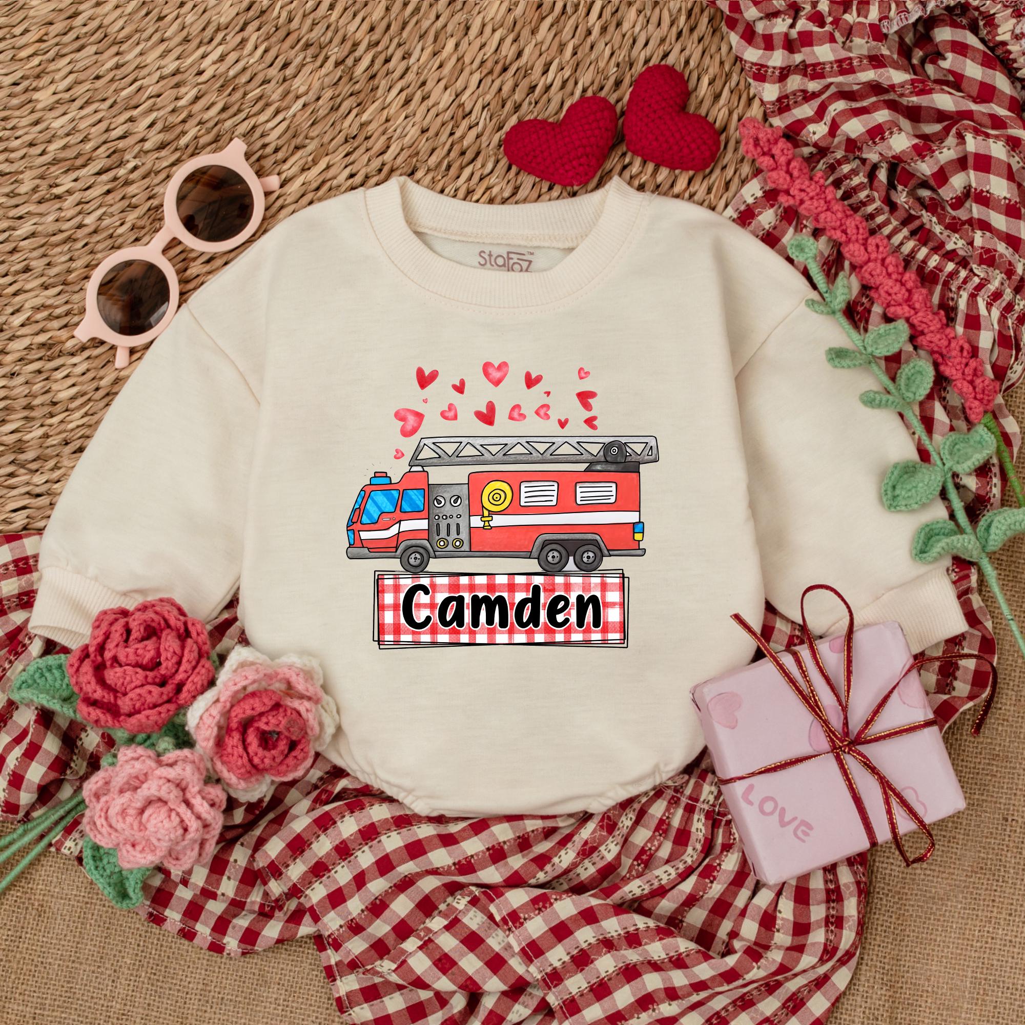 Personalized Valentine's Day Fire Truck Romper for Baby Custom Camden Design Red Hearts Checkered Pattern First Holiday Outfit