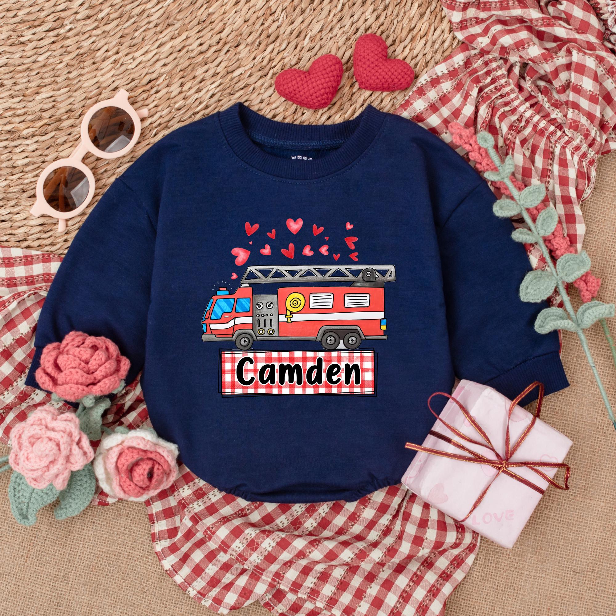 Personalized Valentine's Day Fire Truck Romper for Baby Custom Camden Design Red Hearts Checkered Pattern First Holiday Outfit