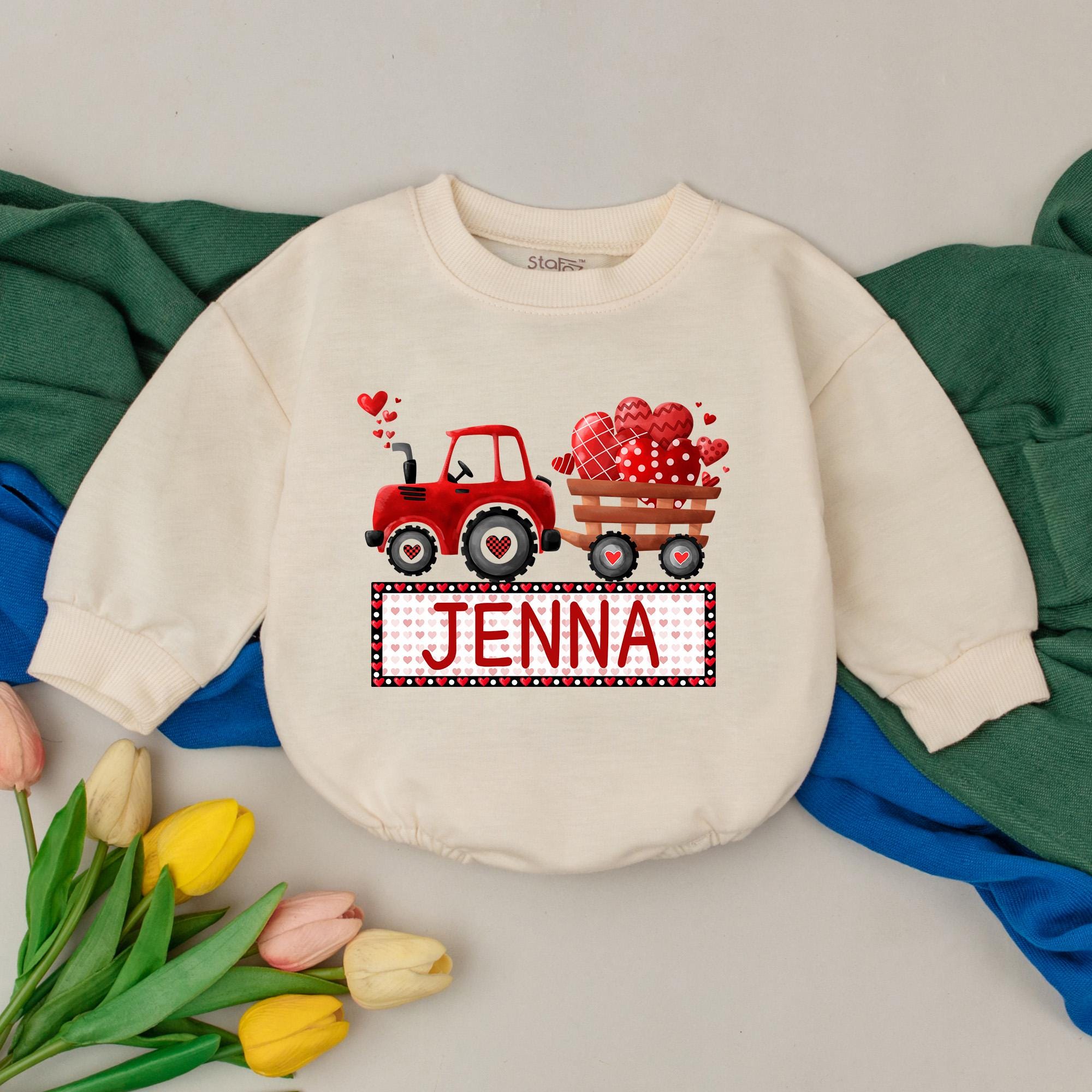 Personalized Valentine's Day Romper Red Tractor Hearts Baby Girl Outfit Custom Name First Holiday Bubble Romper Gift