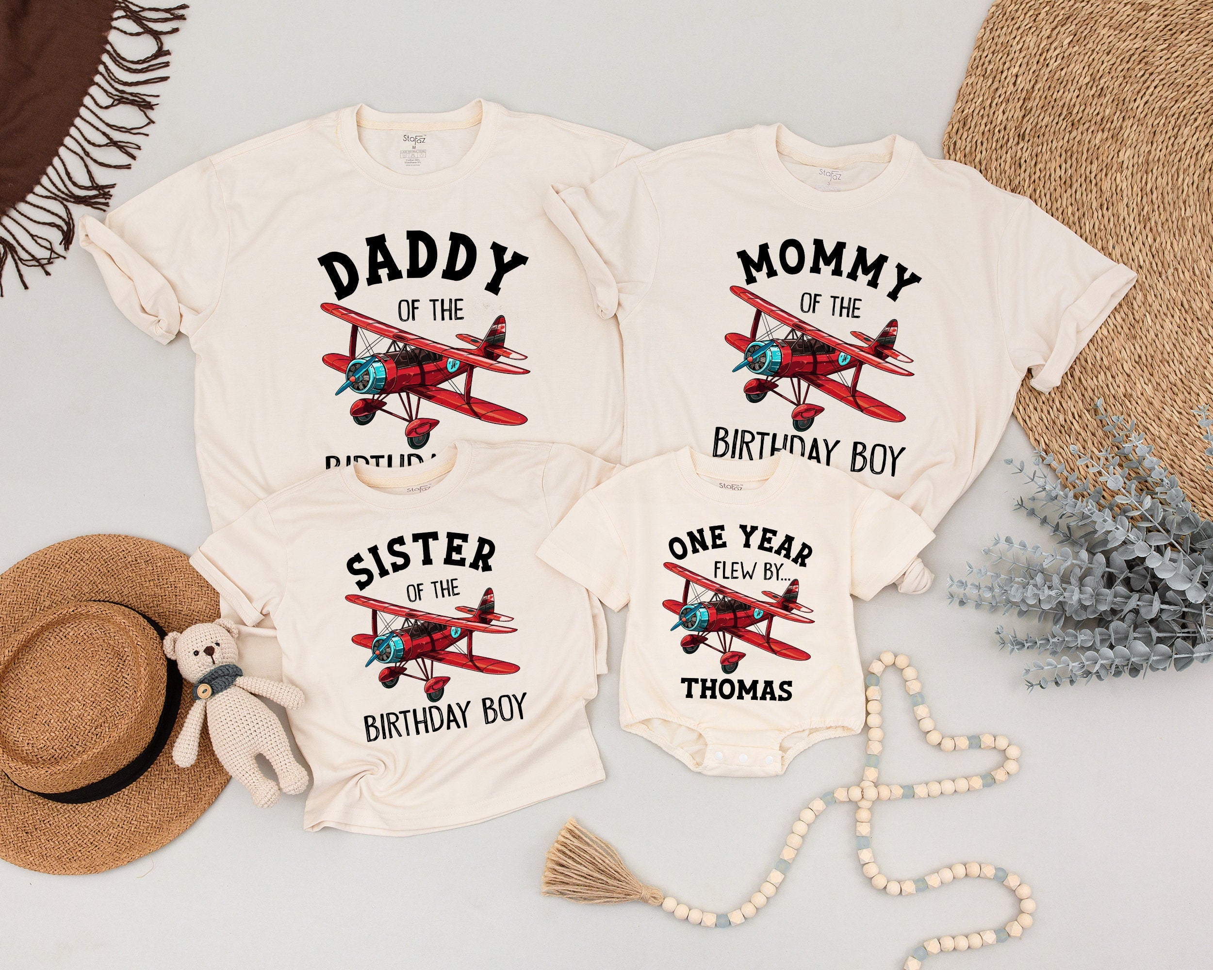 Personalized Vintage Biplane Birthday Shirts for Family, Custom Aviation Themed Party Outfit, Matching Airplane 1st Birthday Gift Tee