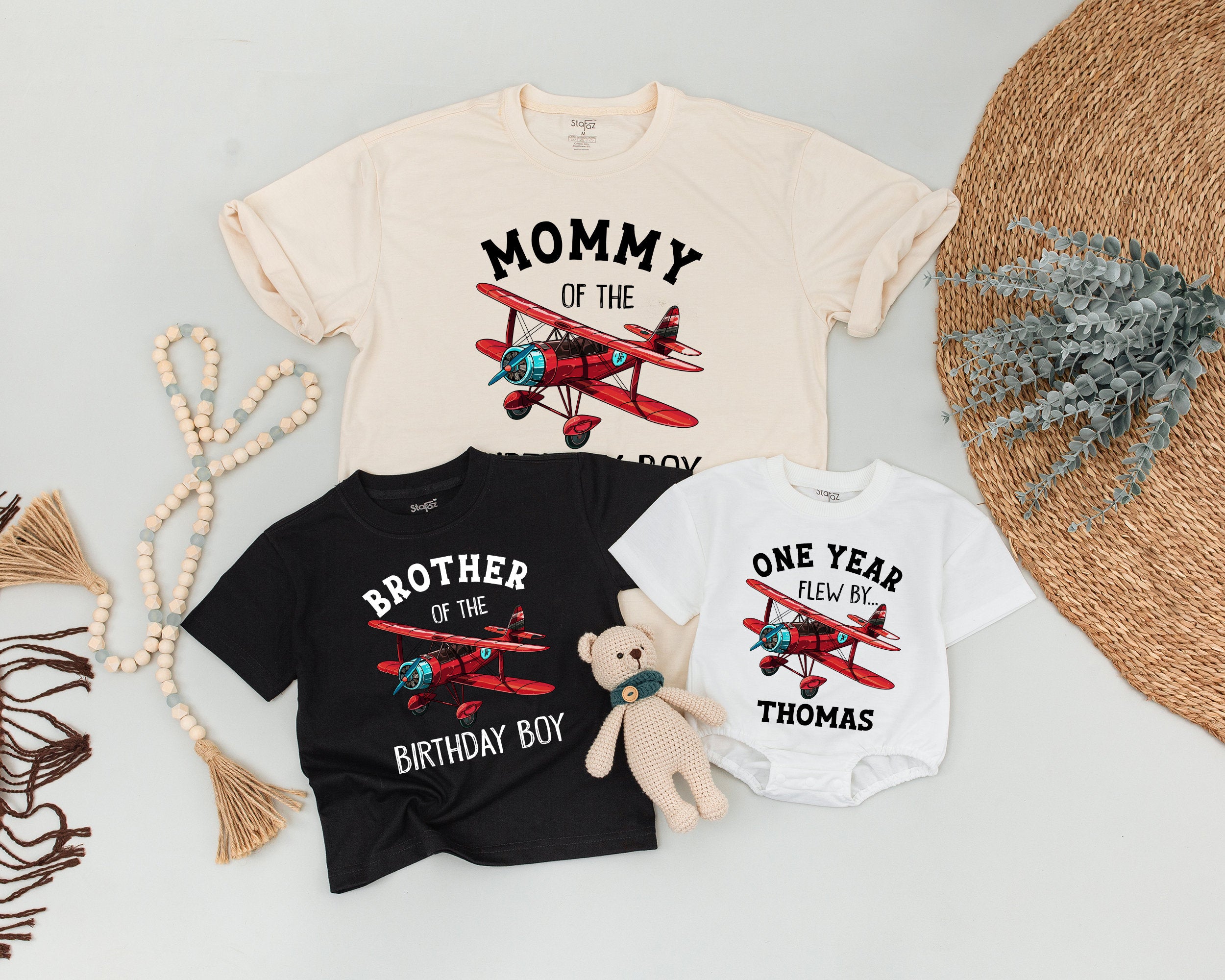 Personalized Vintage Biplane Birthday Shirts for Family, Custom Aviation Themed Party Outfit, Matching Airplane 1st Birthday Gift Tee