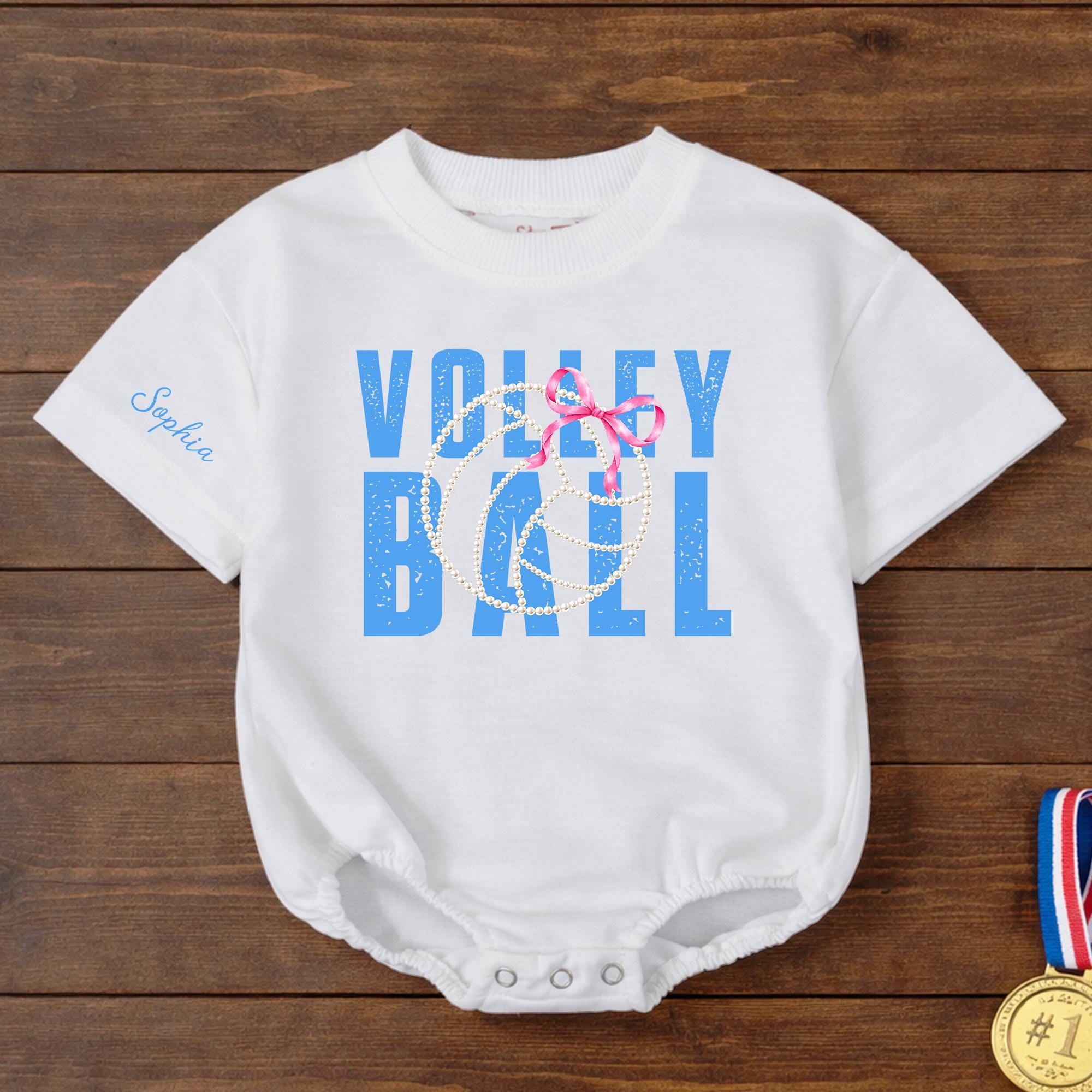 Personalized Volleyball Baby Girl Romper with Pink Bow, Custom Name Soft Cotton Bodysuit, Game Day Outfit, Infant Gift for Sports Fans