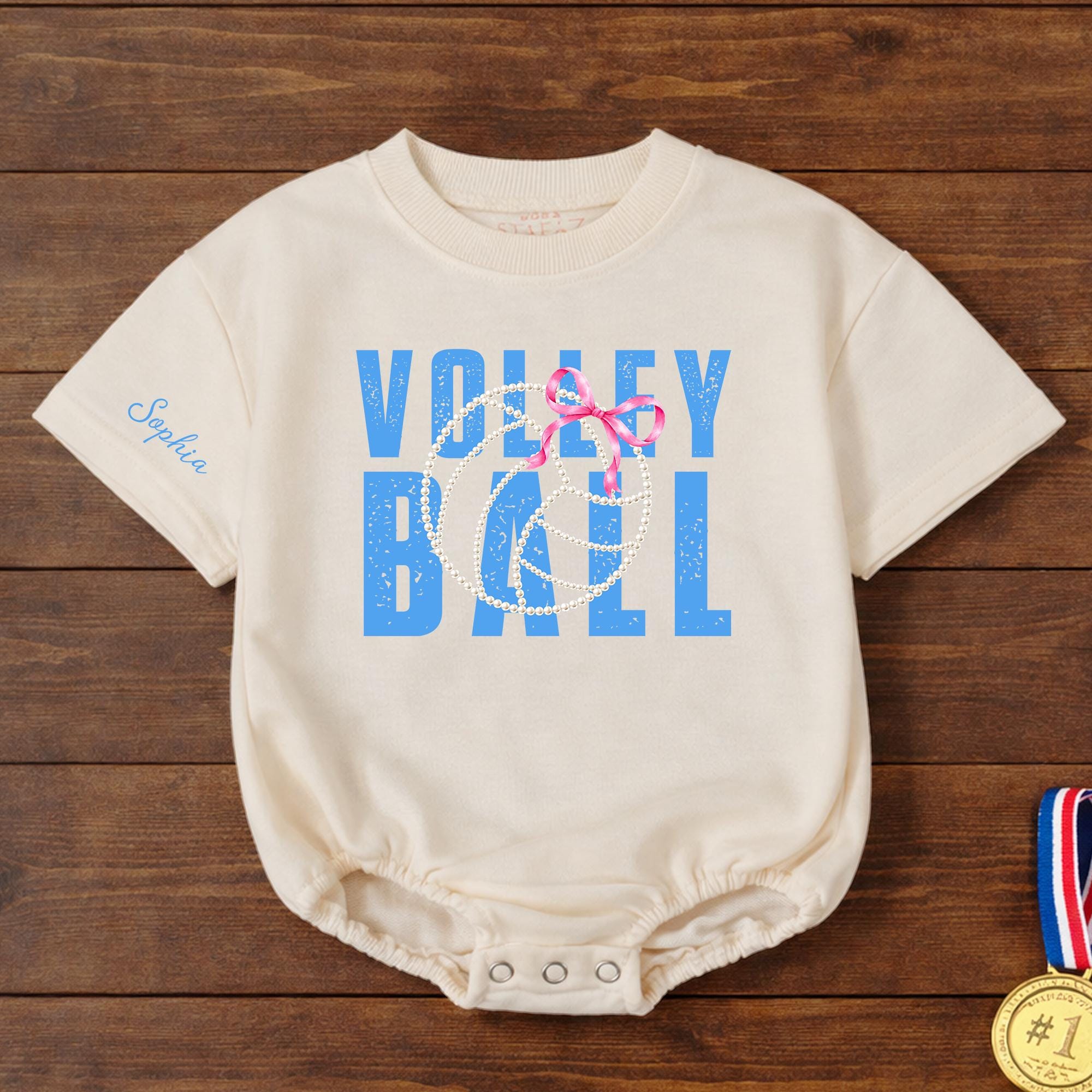 Personalized Volleyball Baby Girl Romper with Pink Bow, Custom Name Soft Cotton Bodysuit, Game Day Outfit, Infant Gift for Sports Fans