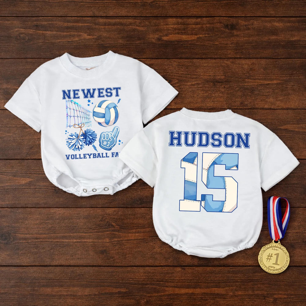Personalized Volleyball Fan Baby Romper with Name and Number Cute Sports Outfit for Infant or Toddler Game Day, Cheerful Blue Design
