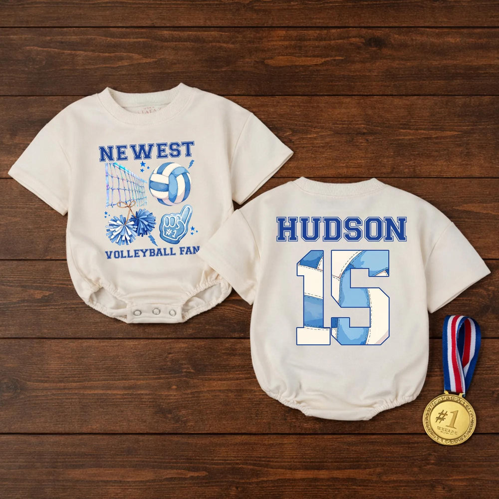 Personalized Volleyball Fan Baby Romper with Name and Number Cute Sports Outfit for Infant or Toddler Game Day, Cheerful Blue Design